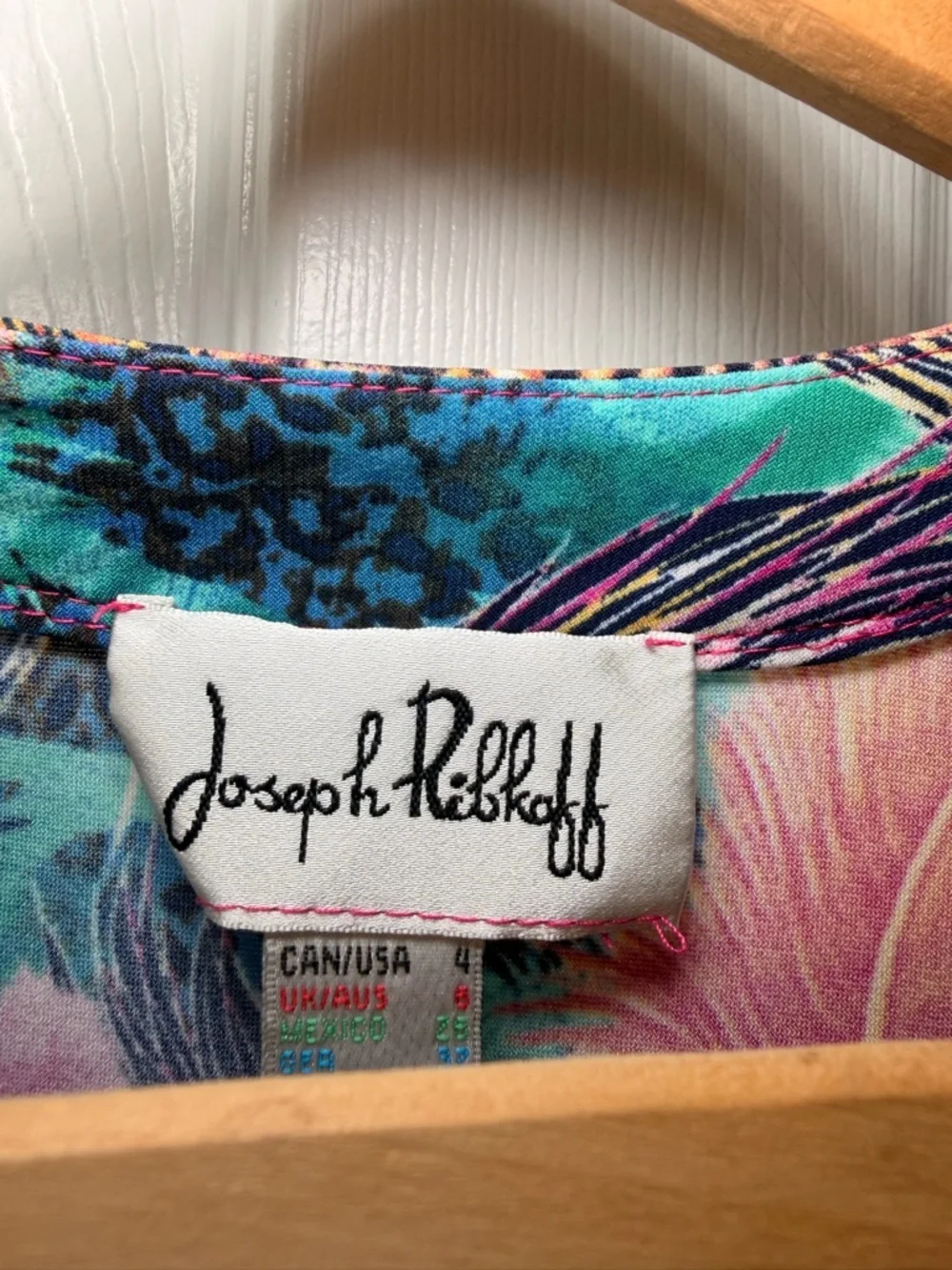 Joseph Ribkoff Faux Wrap Dress Peacock Print Ruffle Hem Stretch Midi Colorful - Picture 3 of 15